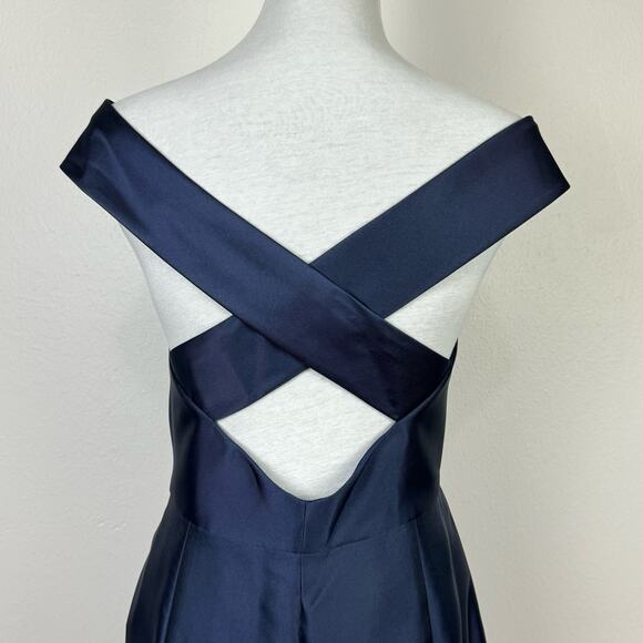 ALFRED SUNG D751 Midnight Navy NWT Off the Shoulder Criss Cross Back Satin Dress - Picture 6 of 15